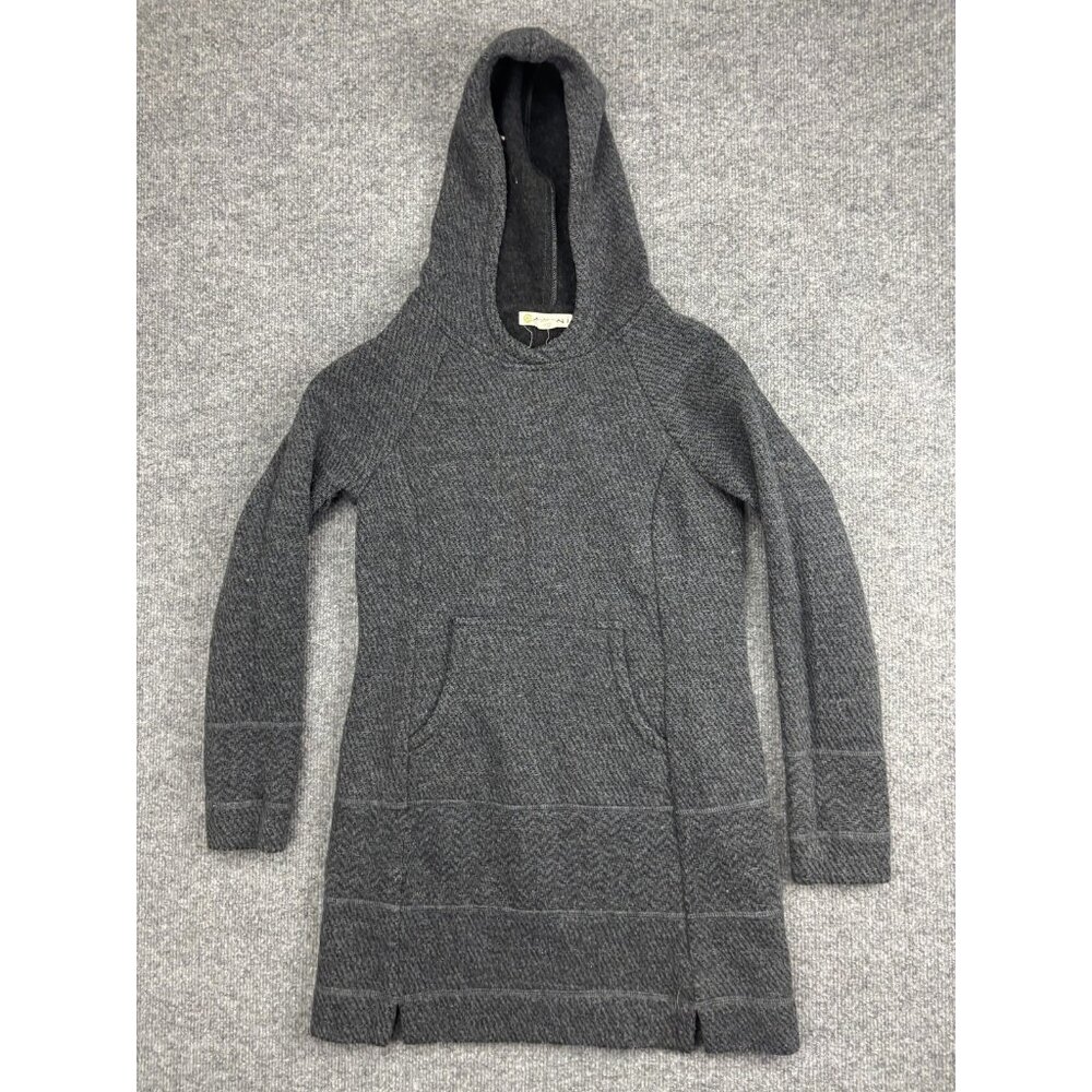 Dakini Wool Sweater Tunic Womens XS Gray Herringbone Hooded Pockets Pullover